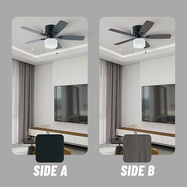 FANSHAIN 42″ PULL CHAIN CEILING FAN: TRADITIONAL FLUSH MOUNT CEILING FAN WITH LIGHT – LED BULB – DUAL FINISH BLADES – REVERSIBLE FUNCTION FOR BEDROOM – BLACK