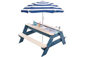 K LUCKIDS Kids 3-in-1 Sand & Water Activity Table, Wood Outdoor Convertible Picnic Table, 2 Play Boxes, Removable Top with Faucet, Picnic Table for Outdoor Backyard Patio Play (Blue/Navy)
