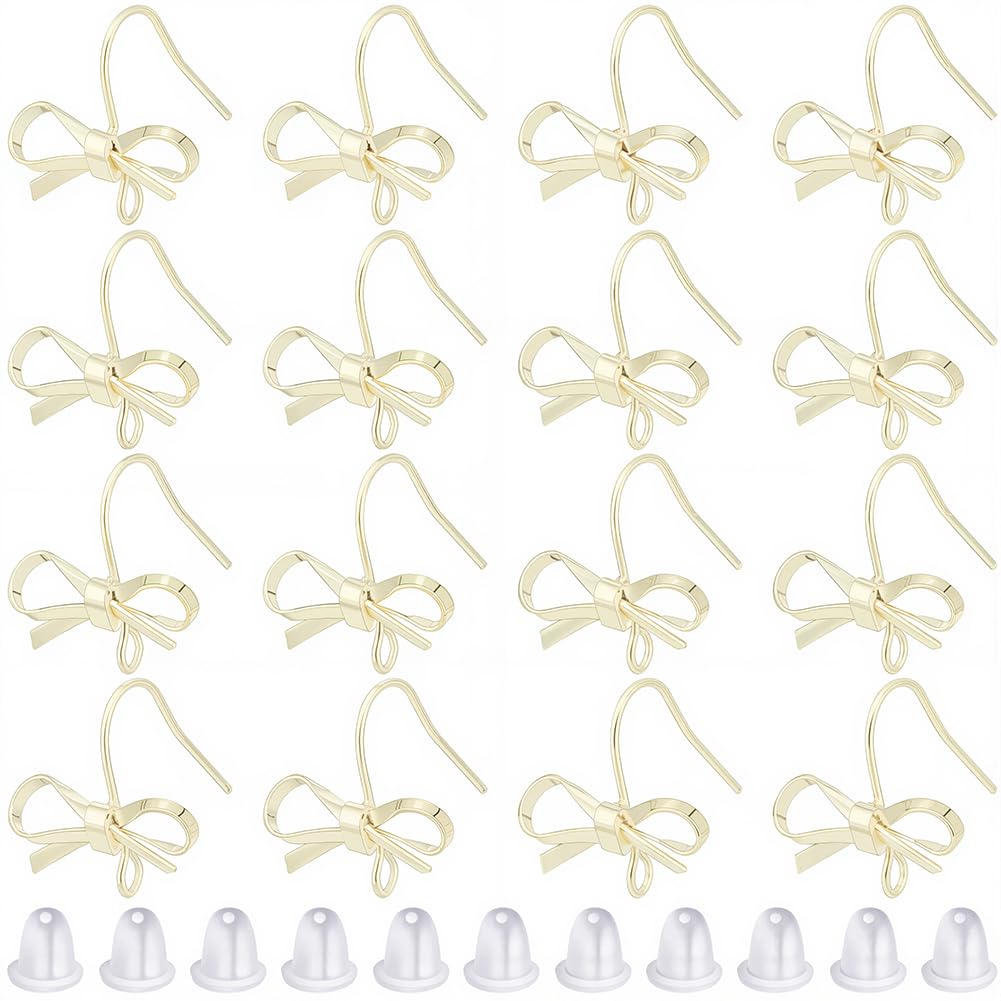 SOFPLATE 1 Box 28Pcs Bowknot Earring Findings Gold Bow Earring Findings Bulk Brass Bow Tie Shape Dangle with Plastic Ear Nuts Bow Earring Hooks for jewellery Making Supplies DIY Craft Women Beginner