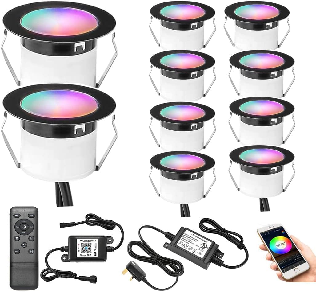 GEYUEYA Home RGBW LED Decking Lights - Ø31MM, 12V, WiFi Controller, IP67 Waterproof - Patio Steps/Garden Decoration - 10 Packs