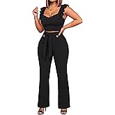 Aro Lora Womens 2 Piece Sets Summer Outfits Sweetheart Neck Flounce Sleeve Crop Top Pants Set with Pockets