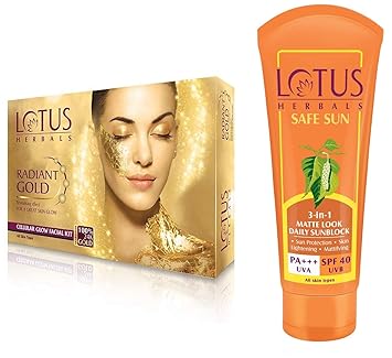 Lotus Herbals Radiant Gold Facial Kit | Revitalising Effect | 37g and Lotus Herbals Safe Sun 3-In-1 Matte Look Daily Sunblock SPF-40, 50g