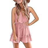 Valphsio Womens V Neck Beach Tank Rompers Flowy Ruffle Layered Shorts Jumpsuit High Waist