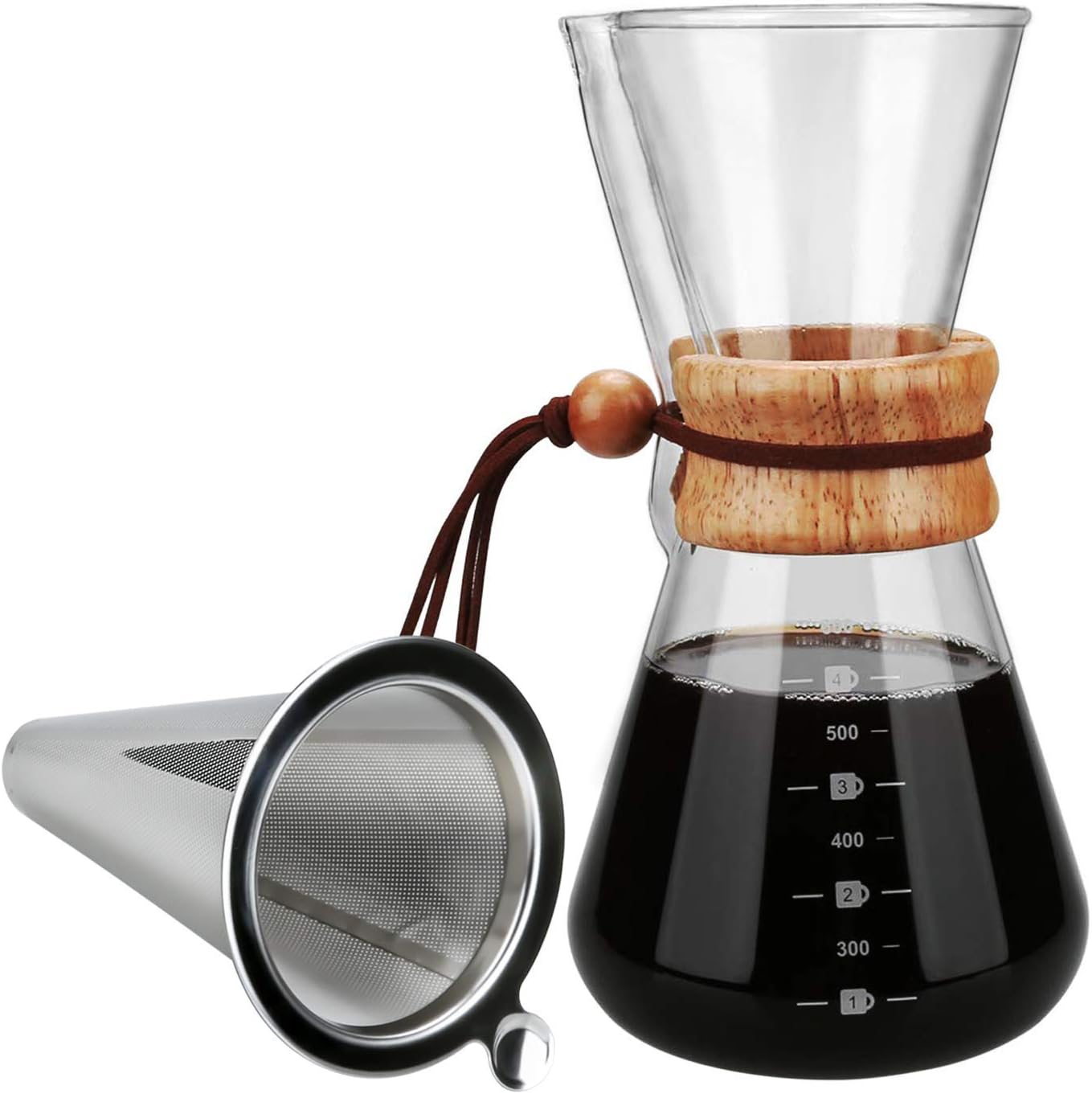 Pour Over Coffee Maker, OAMCEG 20 OZ Borosilicate Glass Carafe and Reusable Stainless Steel Permanent Filter Manual Coffee Dripper Brewer with Real Wood Sleeve