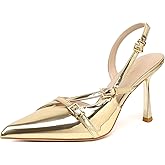 Susanny Burgundy Patent Slingback Kitten Heels for Women Closed Pointed Toe Strappy Dress Pumps Comfortable Stiletto Low Heels Sexy Buckle Strap Dressy Slip On Shoes for Wedding Bridal Work