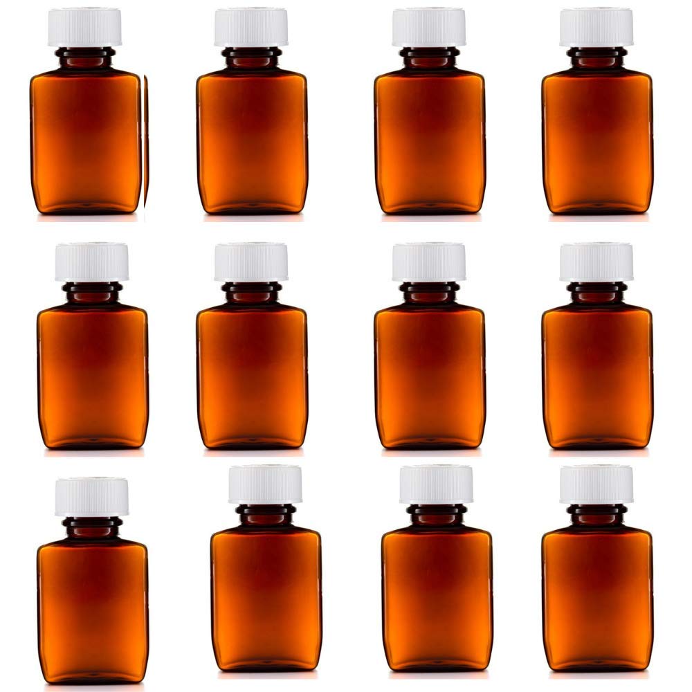 66ml Medical Tablet. Containers, 6 or 12 Rectangular Bottles with lids, Empty Plastic Medicine Amber Bottles, Pill Storage pots, Screw caps, Storage Dispenser, Pack of 12