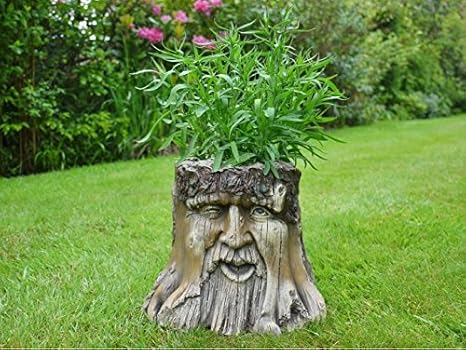 Novelty Tree Stump Garden Planter Wood Carved Face Effect Patio