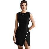 winkbay Women's Crew Neck Button Front Mini Dress Sleeveless Split Hem Work Business Casual Dresses