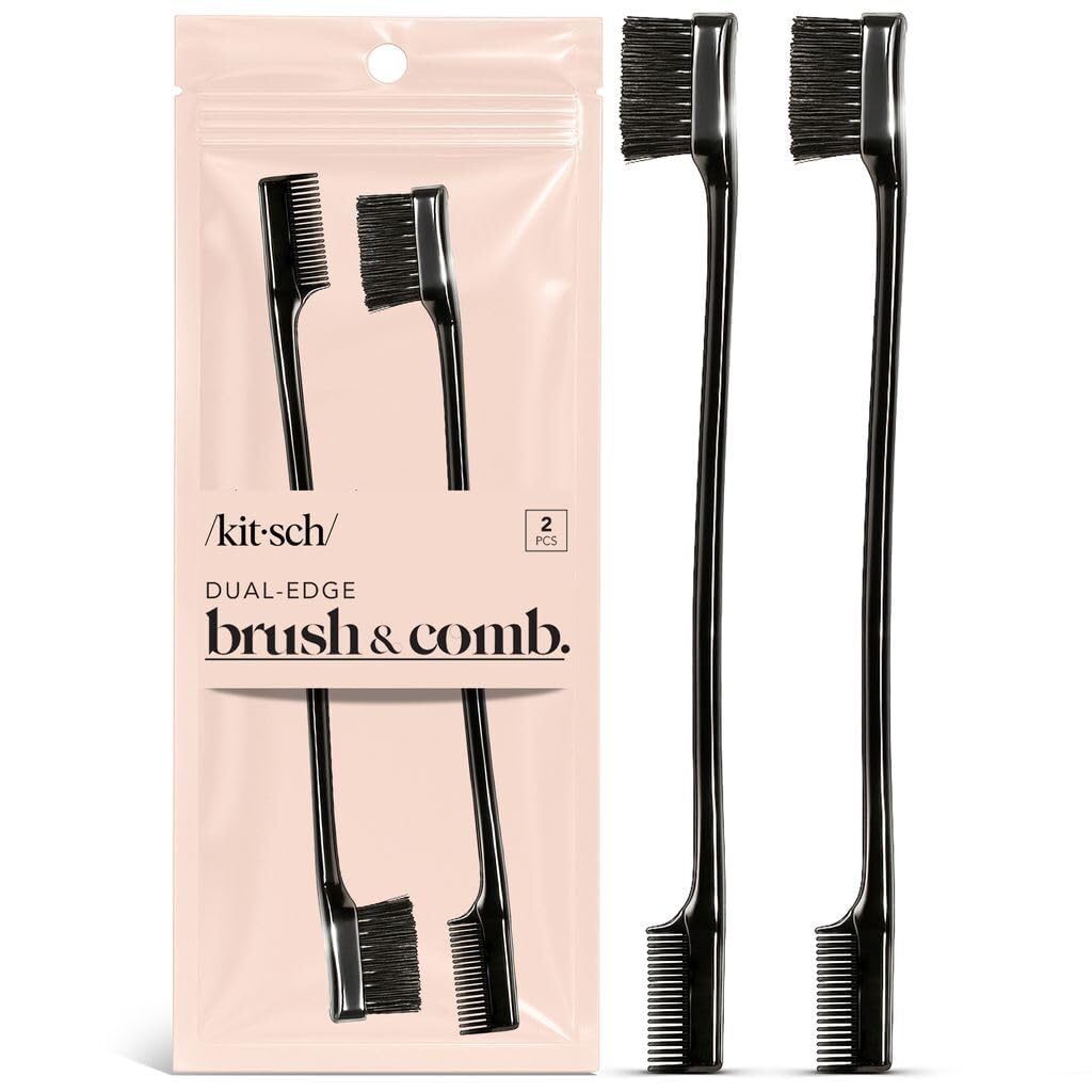 Kitsch Pro Dual Hair Edge Brush and Teasing Comb Brush Set, 2-in-1 Edge Control Brush, 2 Pack (Blush)