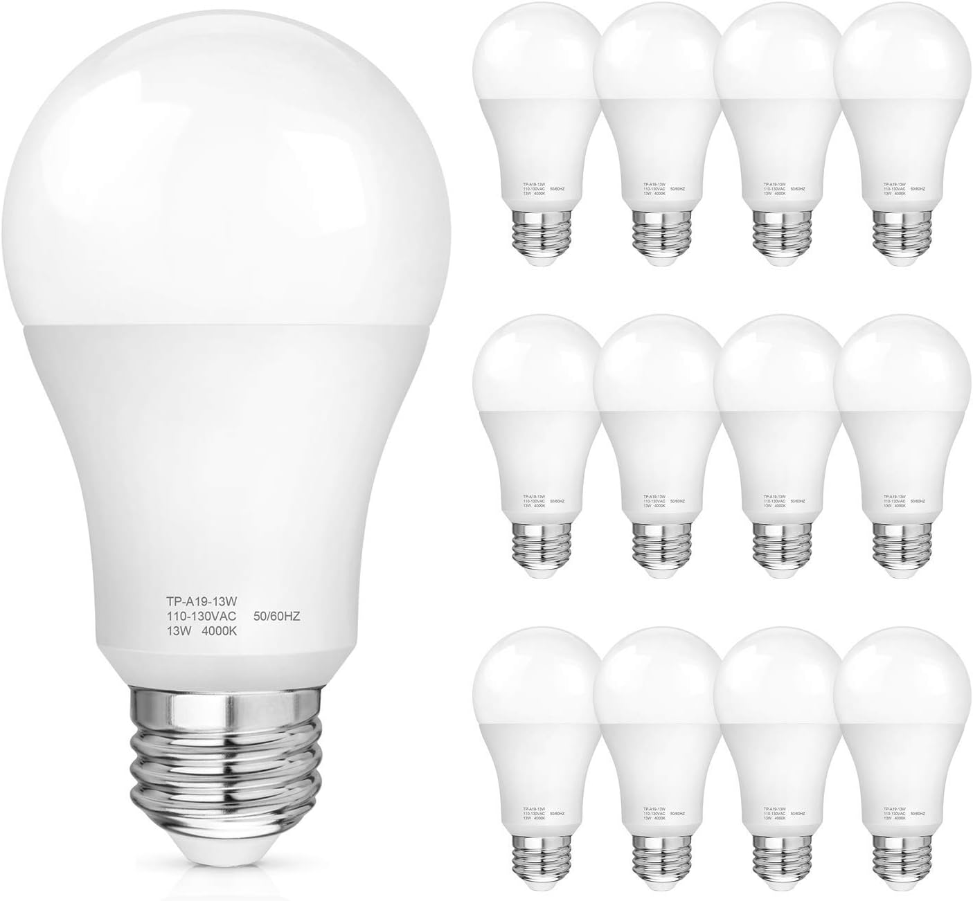 A19 LED Light Bulbs, 100-125W Equivalent LED Bulbs, 1500 Lumens, 4000K Daylight White Edison Bulbs, E26 Medium Screw Base, No Flicker, CRI 80+, 25000+ Hours Lifespan, Non Dimmable, 12-Pack