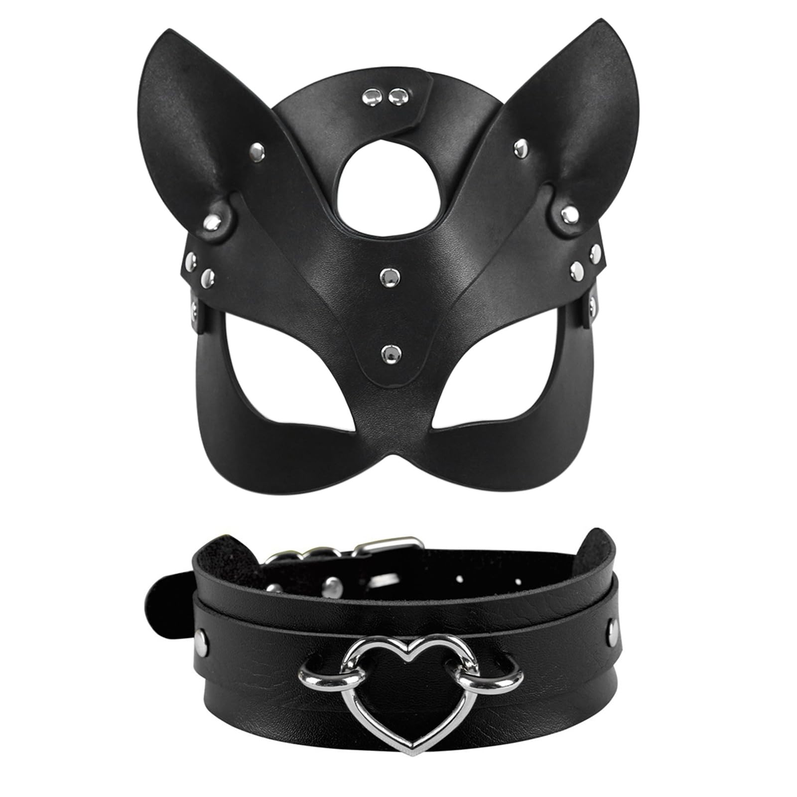 Oidea Women Leather Mask Set: Black Punk Love Heart Adjustable Choker Necklace Collar Bunny Rabbit Fox Masquerade Mask Halloween Party Cosplay Costume Accessory