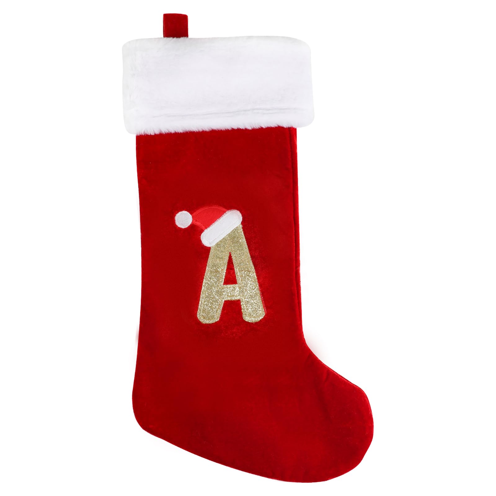 VEYLIN Christmas Stockings with Letters, 20 Inch Plush Christmas Stockings Large Embroidered Stockings & Holders for Kids/Adult Red Letter(A)