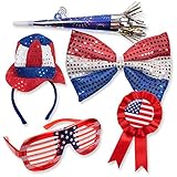4th of July Patriotic Set ; Patriotic Light up Glasses, Patriotic Giant Bow Tie, Patriotic Award Ribbon Pin, Patriotic Headband and Patriotic Horn on a Chain.