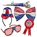 4th of July Patriotic Set ; Patriotic Light up Glasses, Patriotic Giant Bow Tie, Patriotic Award Ribbon Pin, Patriotic Headband and Patriotic Horn on a Chain.