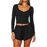 Coloquin Women Sexy Pajama Set Long Sleeve Henley Crop Top and Split Shorts Pjs Lounge Set Sleepwear