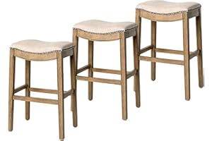 Maven Lane Adrien Backless Bar Stool – Set of 3 – 31 Inch Saddle Seat with Footrest – Natural Solid Wood Frame & Natural Fabric Upholstery – Ideal for Bars, Pub Tables & Tall Kitchen Counters