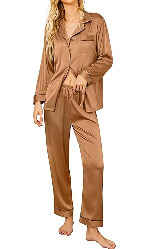 Ekouaer Silk Satin Pajamas Women's Long Sleeve Pj Set Soft Button