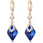 Trendy Austrian Crystal Rhombus Drop Huggie Dangle Earrings for Women 14k Rose Gold Plated Hypoallergenic Jewelry Gifts
