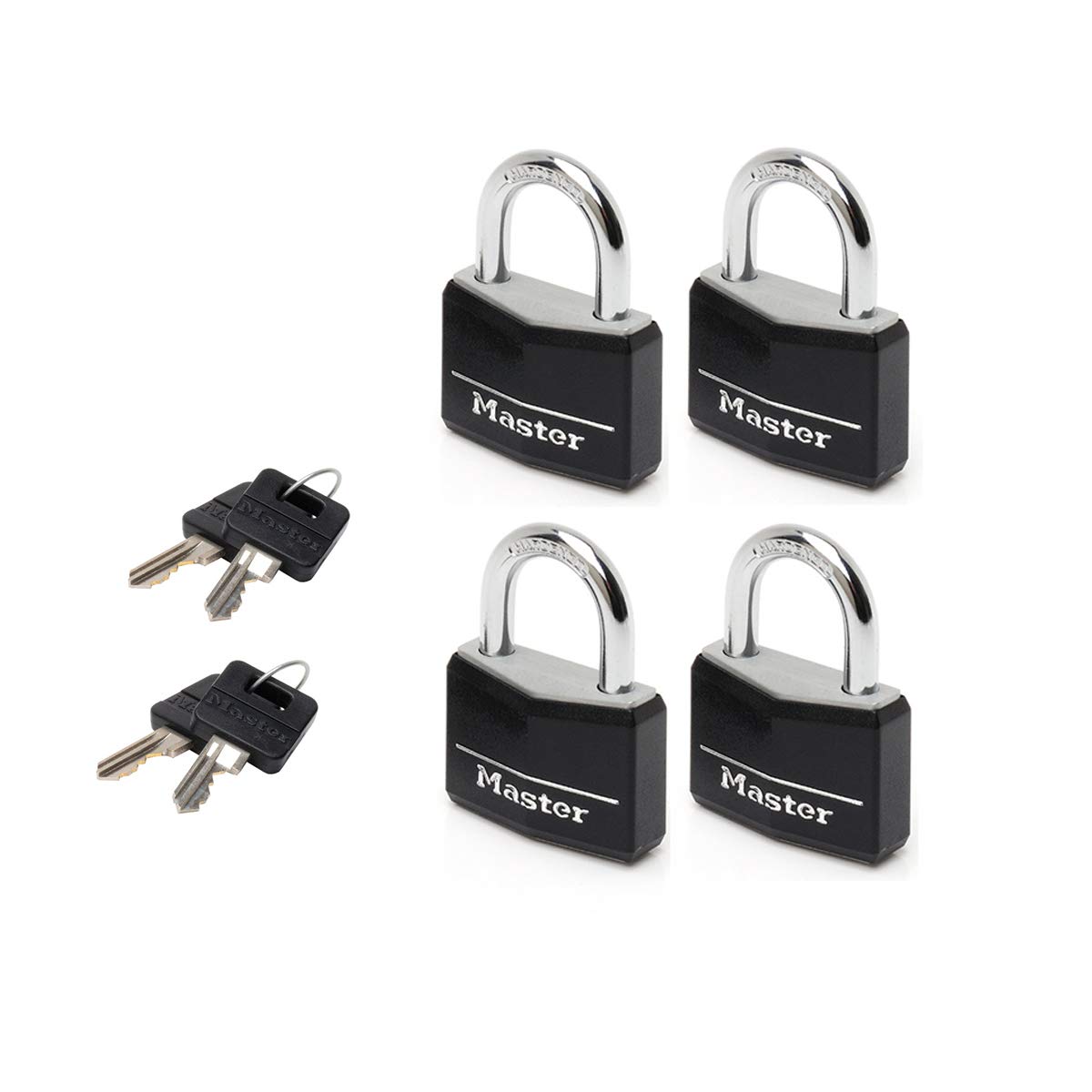 Master Lock 9140EURQBLKNOP Pack of 4 Key Padlocks in Aluminium with Vinyl Cover, Black, 4 x 5,9 x 1,3 cm