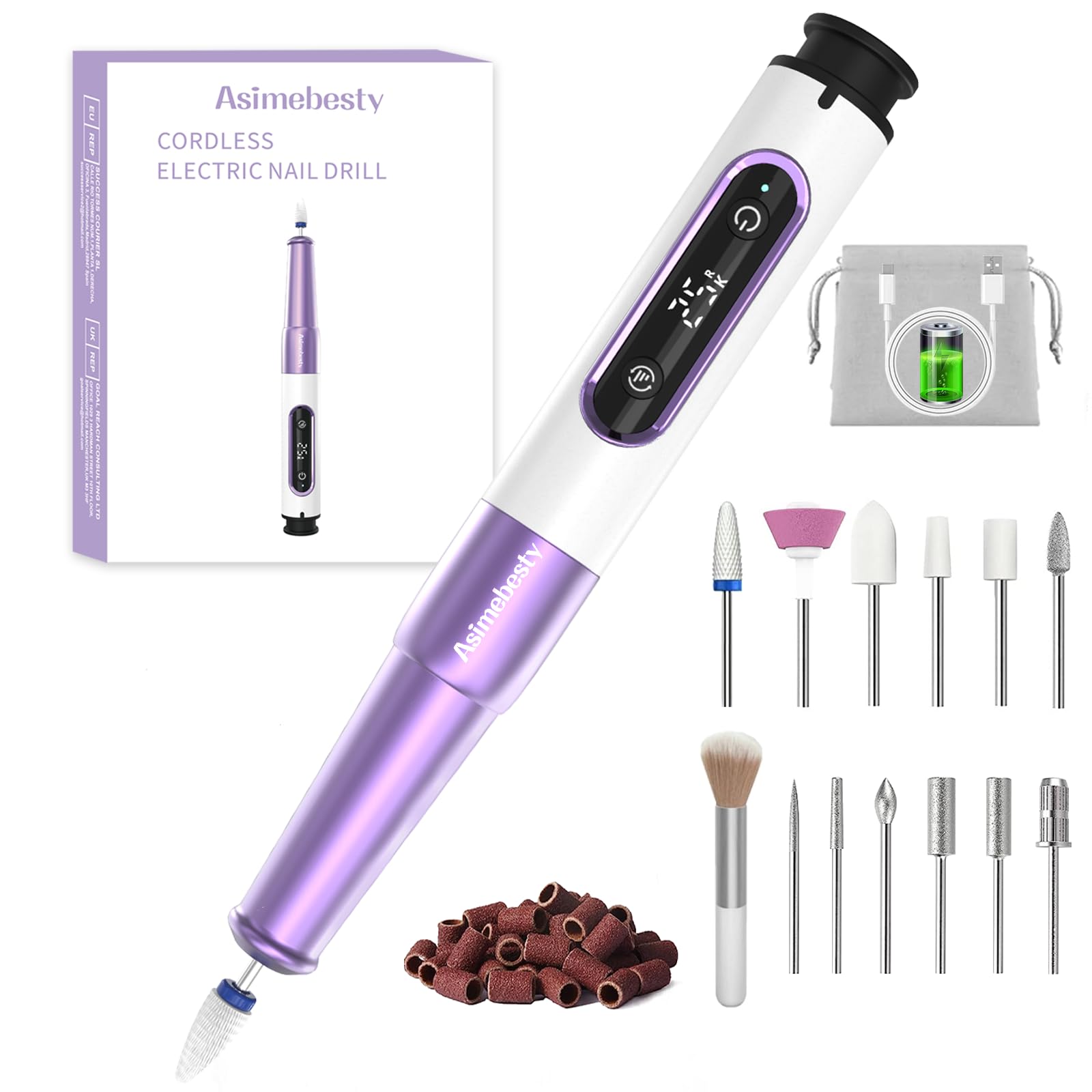 Asimebesty Electric Nail Files 25000RPM, Cordless Nail Drill Kit for Acrylic Nails, 12 in 1 Portable Nail Drill Machine with LED Display USB Rechargeable 5 Speeds Manicure Set for Women AS-2501V