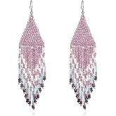 Bohemian Long Tassel Statement Beaded Drop Earring Colorful Handmade Boho Seeds Beads Fringe Dangle Earrings for Women Ethnic Holiday Jewelry Gift