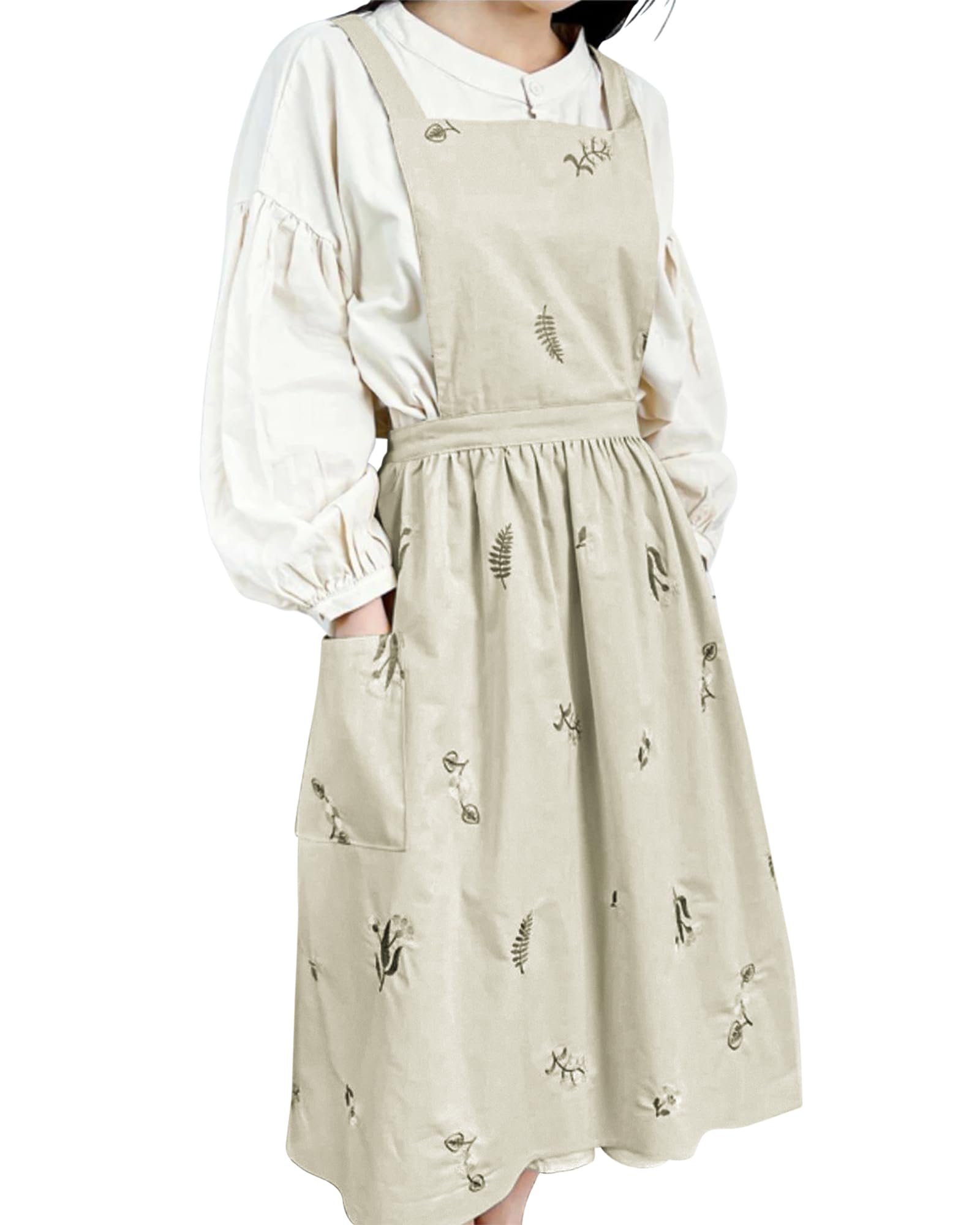 Small SnailWomen Cross Back Cotton Pinafore Apron, Japanese Style Floral Sleeveless Apron with Pockets, Waterproof Breathable for Baking, Pottery, Flower Shop, Crafting, Kitchen & Gardening