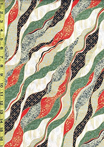 Japanese, Asian, Quilting, Sewing Fabric - Quilt Gate - Chiyogami Wavey Ribbons - HR3200-16A - Black, Red, Light Blue, White &amp; Sage Green