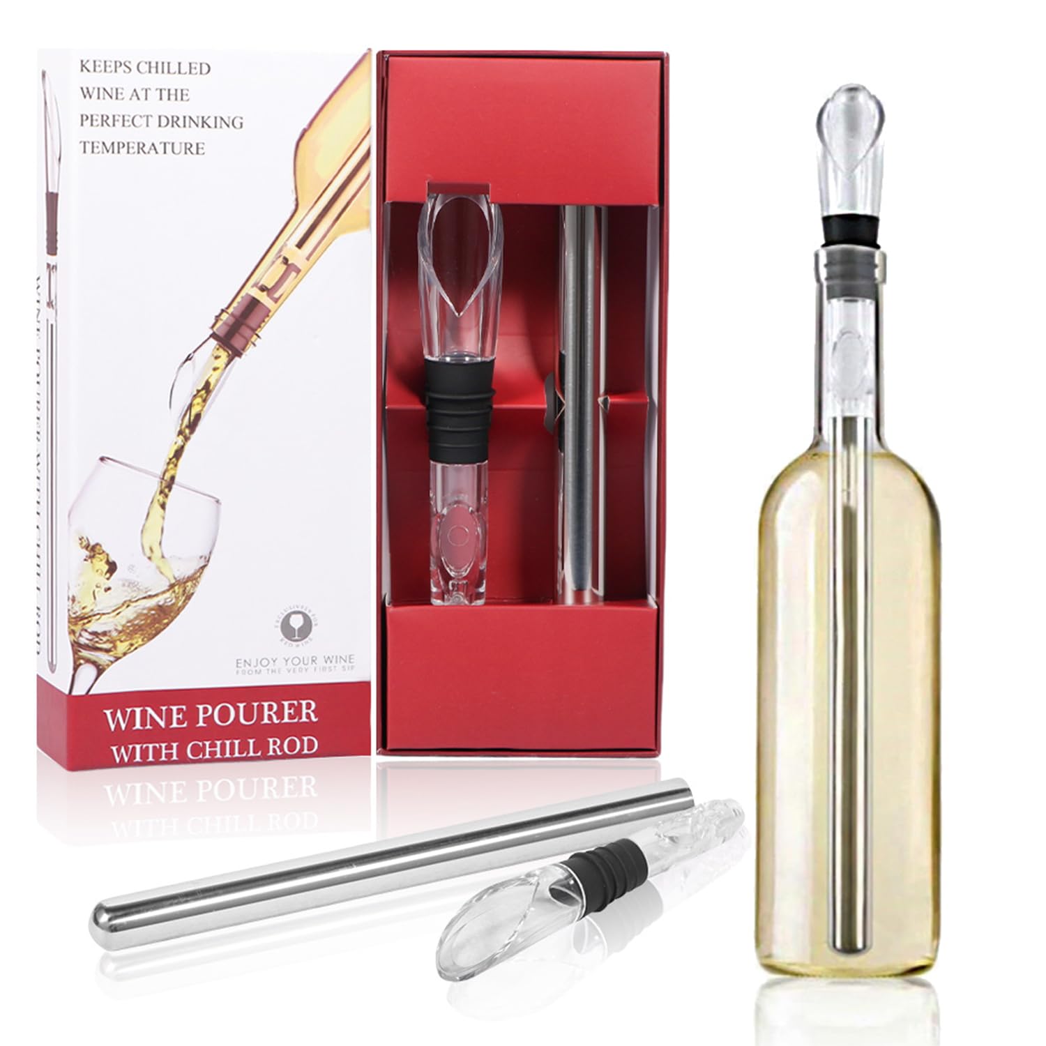 wine Stainless Steel Cooler Stick Set with Pourer, Easy to Use for Pro Bartenders and Wine Lovers - Gift Idea