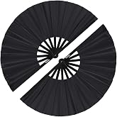 2 Pack Large Folding Hand Fan, Nylon-Cloth Vintage Retro Fabric Fans, Chinese Kung Fu Tai Chi Hand Fan for Men/Women, Festival, Dance, Gift, Performance, Decorations (Black)