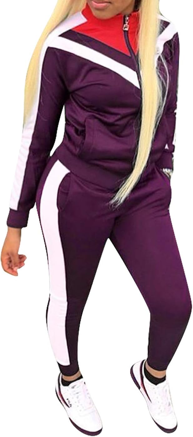 Women Tracksuit Sets Color Block Full Zip Hoodie and Long Pant 2 Piece Outfits (Purple, S) at
