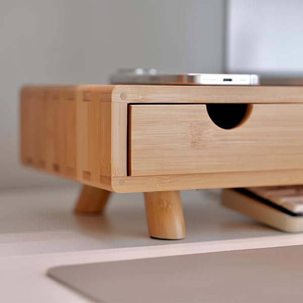 ROCDEER BAMBOO MONITOR STAND RISER WITH DRAWER, ERGONOMIC COMPUTER RISER FOR DESK WITH CABLE MANAGEMENT & STORAGE ORGANIZER, WOOD MONITOR STAND FOR HOME OFFICE