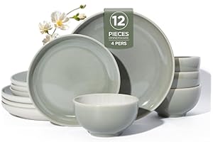 Dinnerware Set for 4, POKINI Ceramic Plates and Bowls Set, 12 PCS Handmade Reactive Glaze Dishes Set, Scratch Resistan Round 