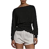 Verdusa Women's Shirred Cinched Waist Tops Long Sleeve Shirts Lightweight Loose Fit Boat Neck Tops Going Out