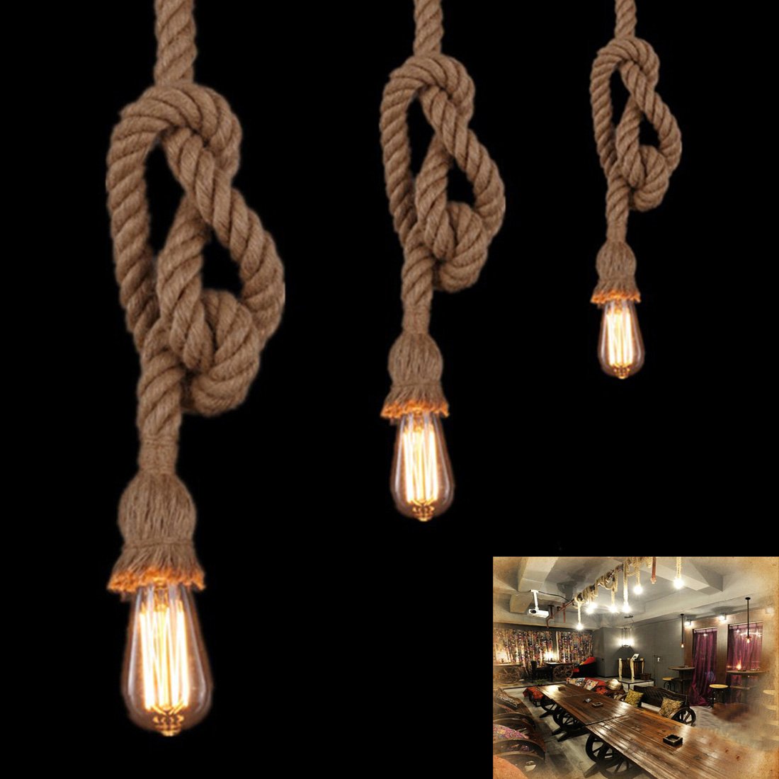 Hemp Rope Light - BANGWEIER Single Heads Retro Rope Loft Vintage Lamp Bedroom Dining Room Pendant Hand Knitted Hemp Rope Light