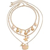 Gold Plated Layered Charm Shell Starfish Necklace for Women Beach Jewelry Ocean Inspired Summer Seashell Choker, Boho Stackable Chain with Pearl Ideal Gift