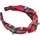 Bellefixe Christmas Knotted Headband for Women & Girls | Red Holiday Tartan Plaid with Metallic Pearls (Cinnamon Spice)