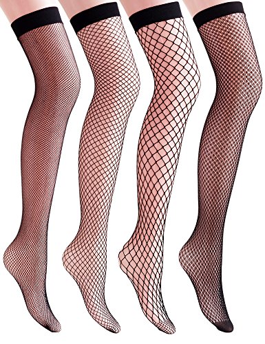 Vero Monte 4 Pairs Women's Argyle Fishnet Thigh High Socks (Black) 41716