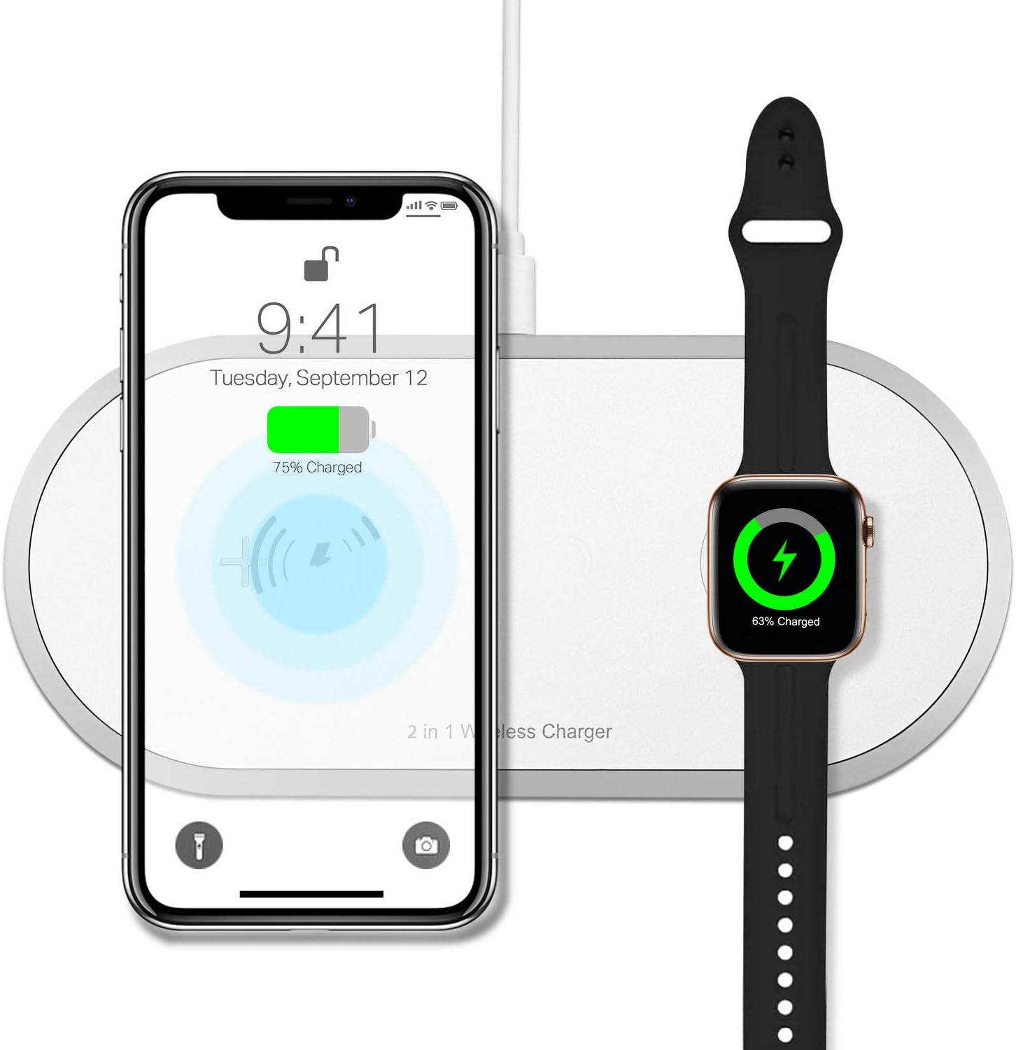 Torteco 2 in 1 Wireless Charging Pad Compatible with iWatch,and iPhone 11/Pro/ProMax/XS/MAX/XR/X/8/Plus Samsung, White