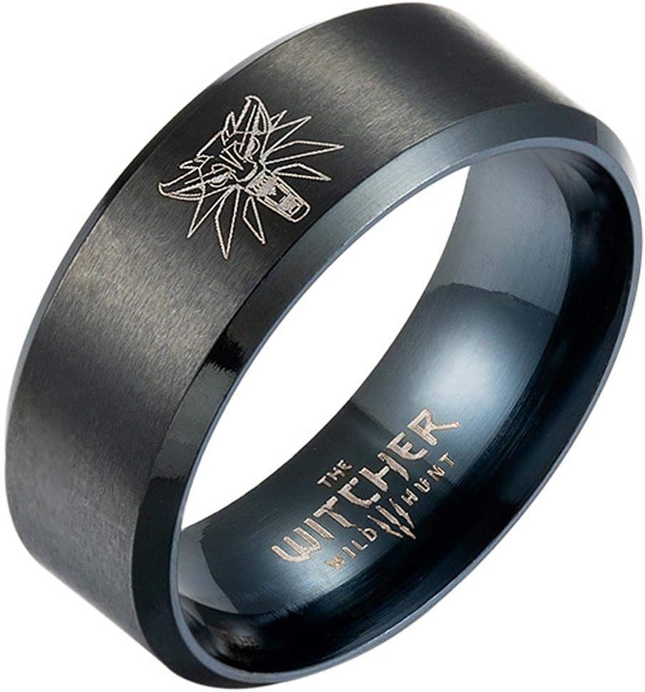 Wolf Head Pattern Vintage Party Ring for Men The Witcher 3 Wild Hunt Medallion Stainless Steel Ring 8mm Gold/Black Size 7-12