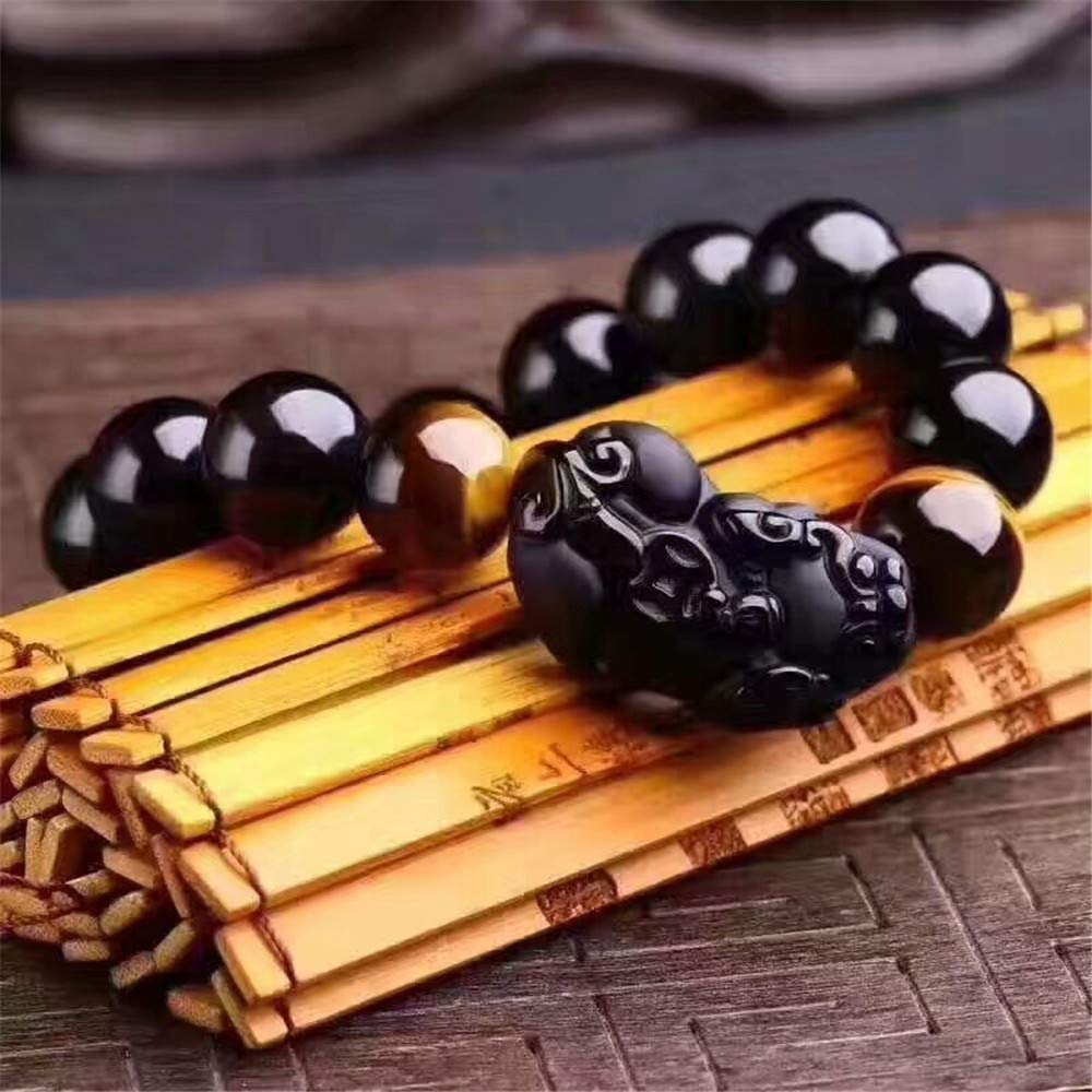 Feng Shui The Best 10mm Black Hand Carved Mantra Bead Bracelet with Obsidian Pi Xiu/Pi Yao Lucky Wealthy Amulet Brecelet with Tiger's Eye/Black Stone