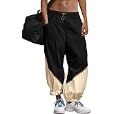 Fisoew Womens Baggy Wide Leg Pants Casual Elastic Waist Color Block Loose Workout Track Pants with Pockets