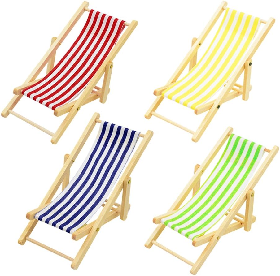 Runfon Miniature Dollhouse Foldable Wooden Beach Chair Chaise Longue Toys with Stripe Red/Blue House Outdoor Furniture…