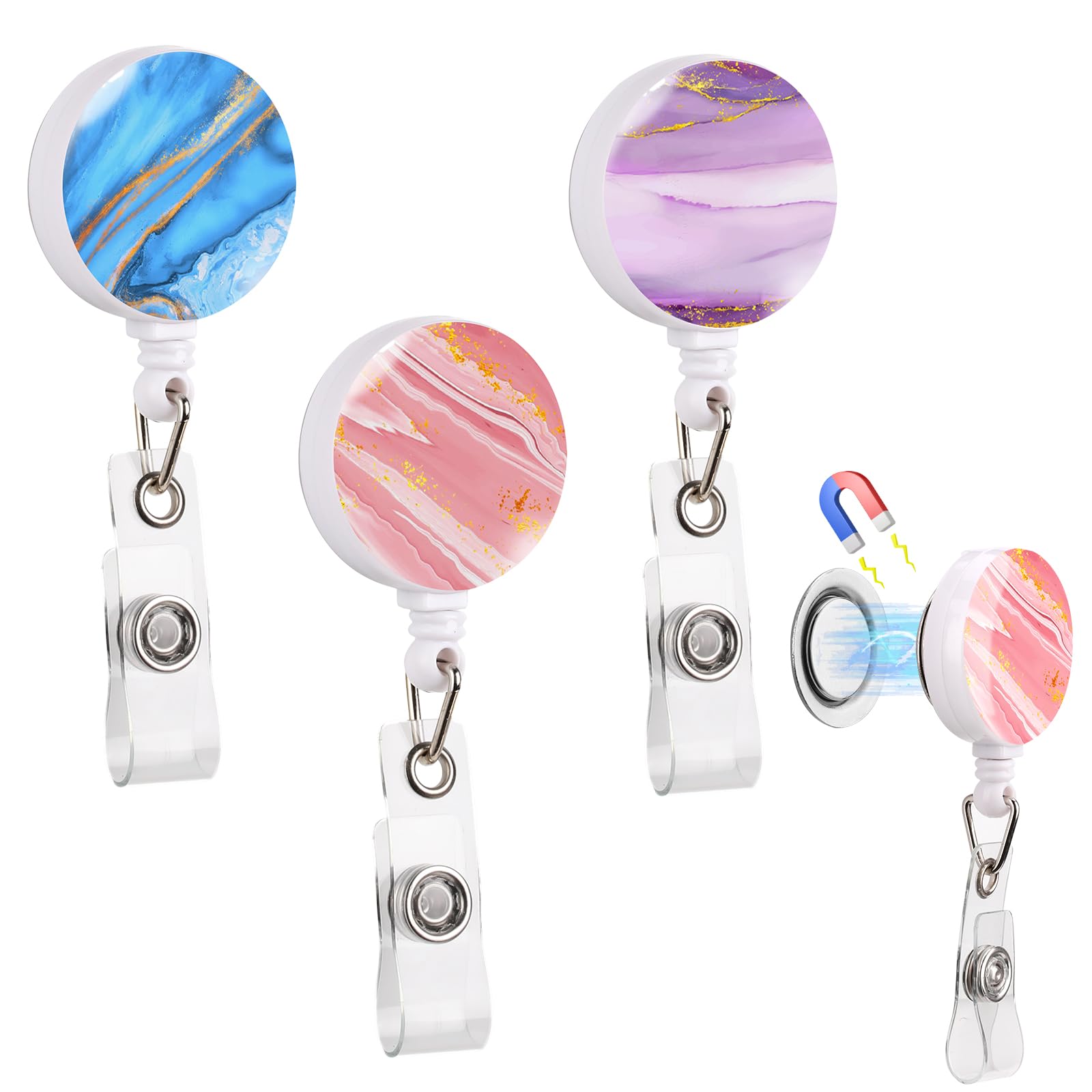 Photo 1 of 3 Pack Magnetic Badge Reel Retractable Badge Holder 1.26" Plastic Marble Name Badge Holder Id Badge Clip Retractable Nurse Badge Reel Cute with 24 Inch Pull Cord for Shirt Teacher Doctor Office