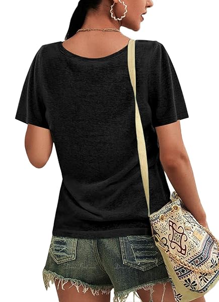 MICTICSI WOMENS T SHIRTS SHORT SLEEVE V NECK TOPS CASUAL BASIC TEES A BLACK SMALL