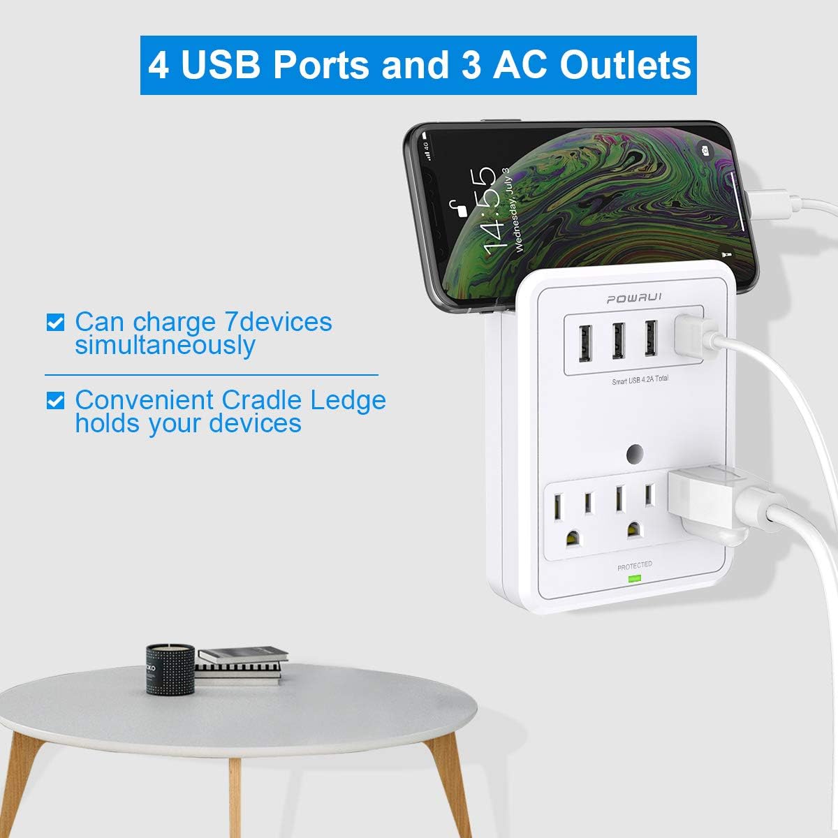 POWRUI Multi Wall Outlet Adapter Surge Protector 1680 Joules with 4-USB Ports Wall Charger, Wall Mount Charging Center 3 Outlet Wall Mount Adapter for Home, School, Office, ETL Certified: Home Audio & Theater