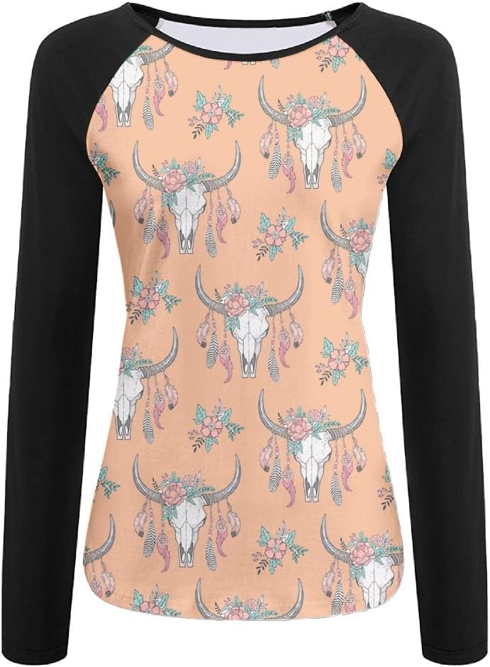 Boho Longhorn Cow Skull With Feathers Women's Sports Raglan Undershirt Fit Baseball Tees Shirt 3D Print Boat Neckline Workout Shirts