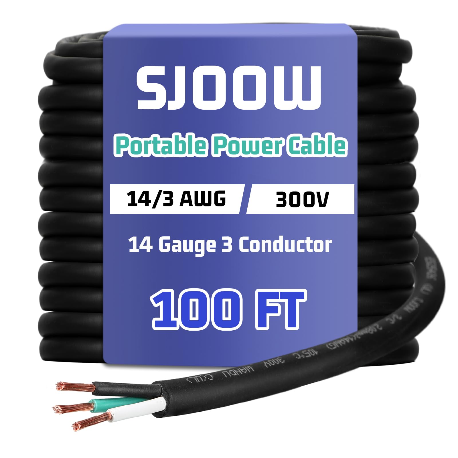 Photo 1 of Copkim 14/3 AWG 100 FT Portable Power Cable SJOOW 300V Electrical Wire Pure Copper Heavy Duty Rubber Outdoor Extension Cord for Motor Machinery Marines Automotive