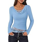 ZESICA Women's Fall Long Sleeve Tops 2026 Casual Cowl Neck Lace Slim Fit Going Out Y2k Knit Shirts Blouses