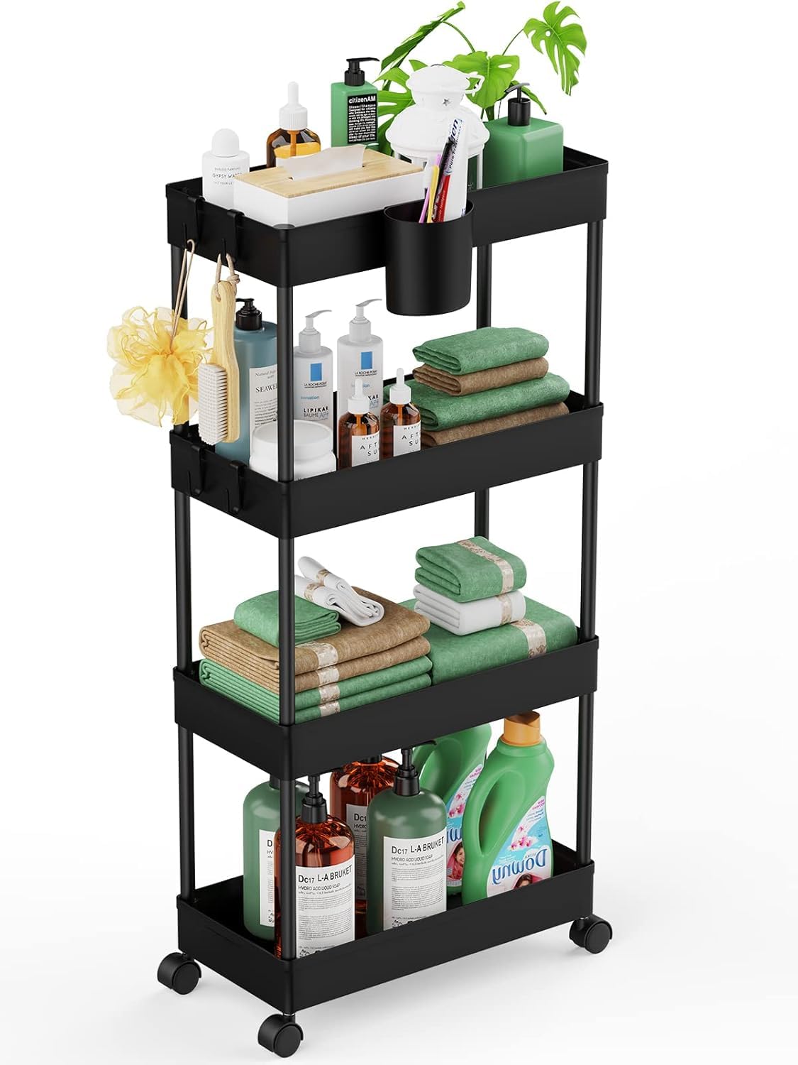 Photo 1 of LEHOM Slim Rolling Storage Cart - 4 Tiers Bathroom Organizer Utility Cart Slide Out Storage Shelves Mobile Shelving Unit for Kitchen, Bedroom, Office, Laundry Room, Small Narrow Spaces Black