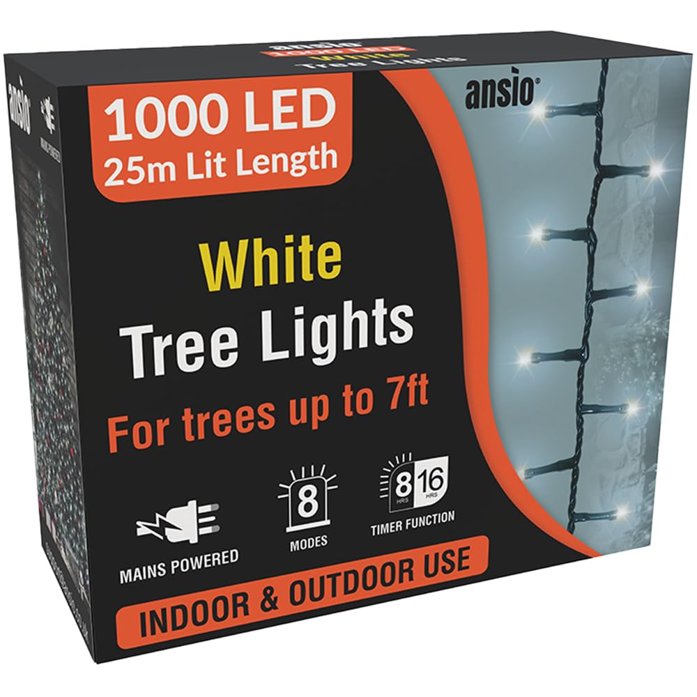 ANSIO® Christmas Tree Lights 1000 LED 25m/82ft - Cool White Cluster Compact Lights for Indoor & Outdoor Decorations Fairy Lights with Timer for Xmas Garden & Party | Mains Powered Green Cable